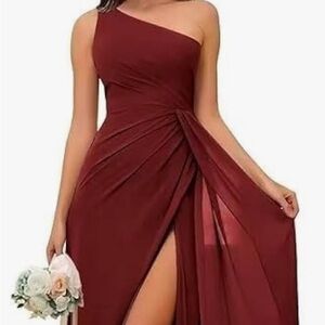 Never worn Burgundy one shoulder full length wedding guest or bridesmaid dress